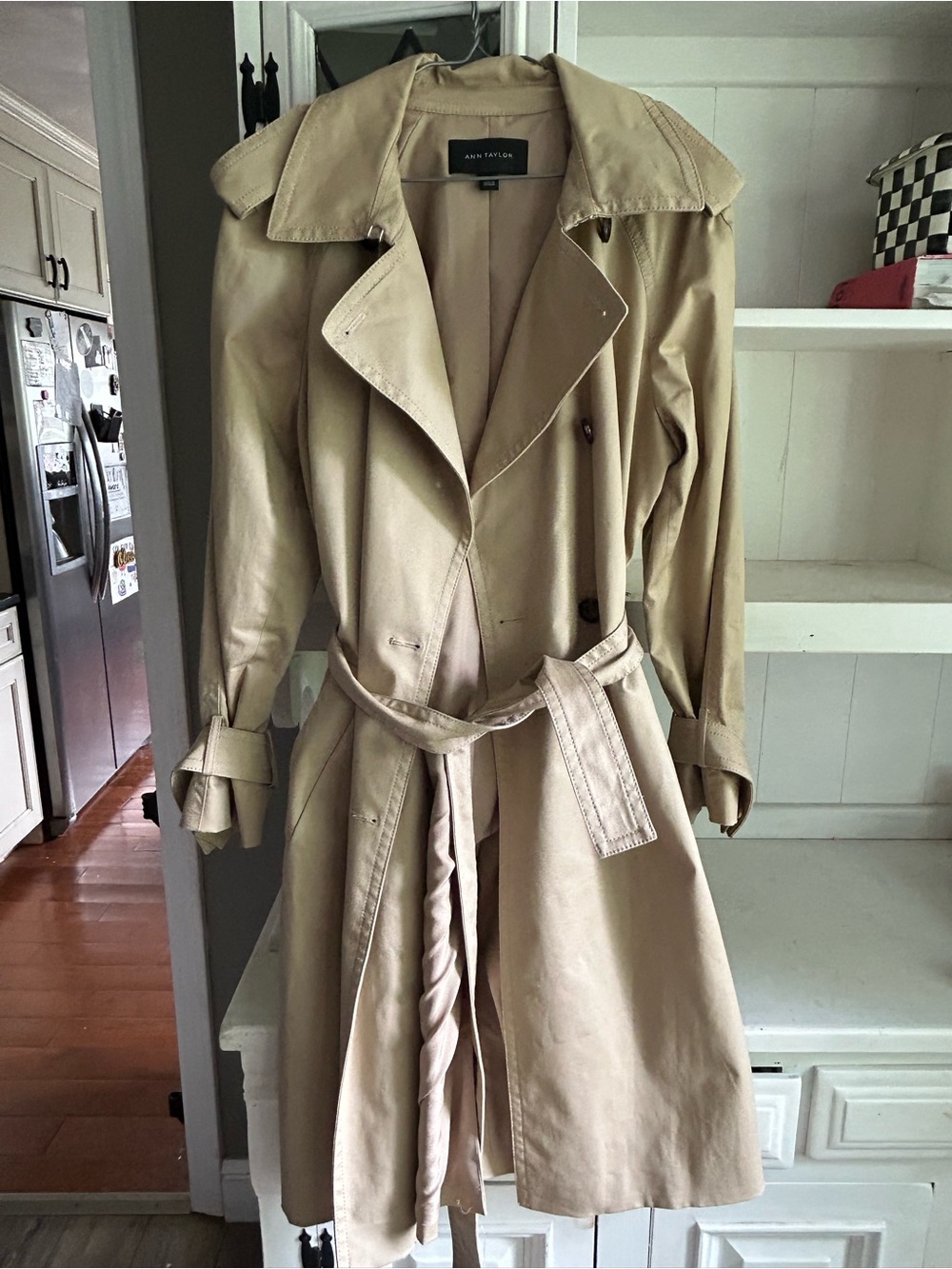 Ann Taylor Khaki Beige Double-Breasted Trench Coat with Waist Tie